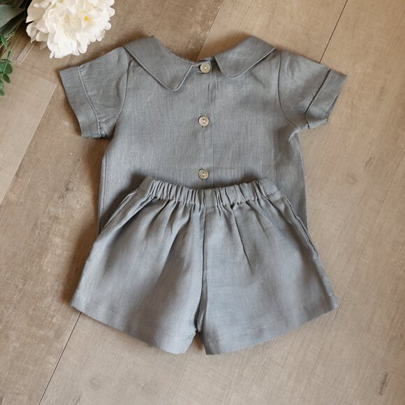 Boys Gray Linen Dressy Short Set Classic Boutique 12 Month Ring Bearer NWT - Picture 2 of 6